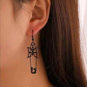 Black Butterfly Safety Pin Drop Earrings